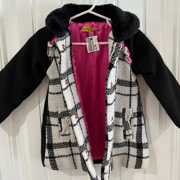Penelope Mack Black White Pink Wool Blend Coat Size 24 Months - Picture 2 of 10